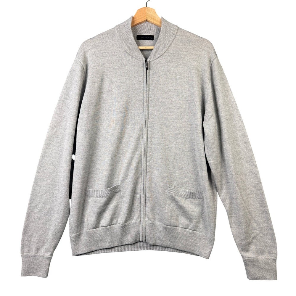Greyson Mens Gray 100% Wool Full Zip Bomber Sweater Jacket Size Large Long sleev